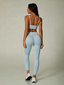 UONNOU 女士撞色无缝运动文胸和高腰瑜伽裤两件套，适合春夏健身和瑜伽 - 淺藍色 - 查看 2
