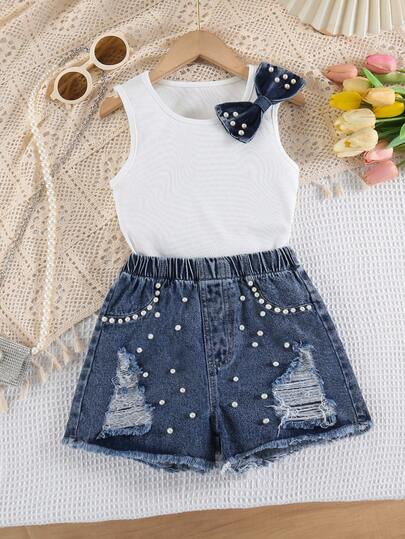 2pcs/Set Girls' Outdoor Casual Fashion Cute Comfortable Bow Design Vest And Vintage Distressed Pearl Decor Blue Denim Shorts, Summer