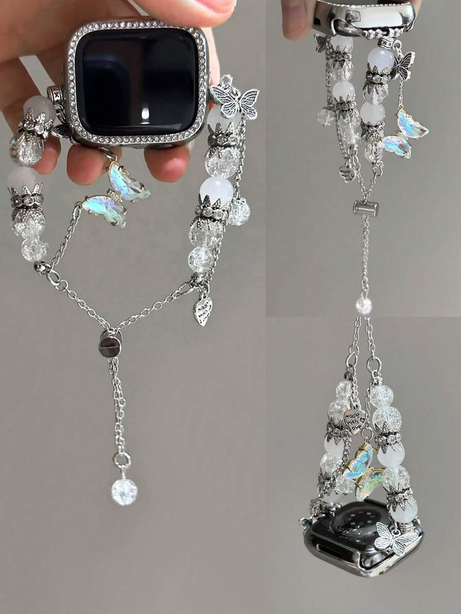 1 pieza Reloj de mujer con banda de cuentas y strass con colgante de mariposa de metal blanco delicado, adecuado para 38/40/41/44/45/49/42/46mm S11/SE3/Ultra3/Ultra/SE/SE2/10/9/8/7/6/5/4/3/2/1 - cadena de plata blanca - Ver 1