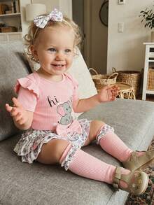 Infant Baby Girl Summer Outfit Elephant Print Short Sleeve Ribbed Romper Ruffle Shorts Bow Headband And Stockings 4 Piece Clothes Set - Pink - View 6