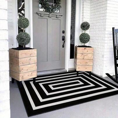 Reversible Non-Slip Rubber Backing Washable Indoor/Outdoor - Black & White Striped Geometric Design With Paisley & Checkered Patterns, Durable Non-Woven Fabric & Rubber Front Door, Porch, Balcony - Farmhouse Decor, Porch Decoration, Modern Aesthetic, Stable Outdoor OOIK