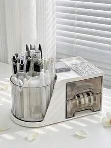 1pc Small/Large Revolving Cylinder Storage Box With Drawer For Desktop Stationery & Desk Organization, Office Pen Holder Shelf - White - View 4