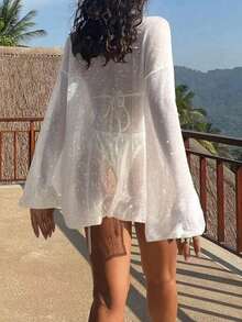Women's Loose Casual Chiffon Beach Cover Up Dress, Summer Vacation White - 白色 - 查看 3