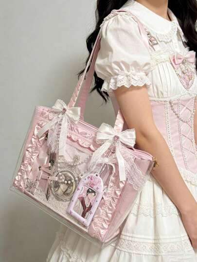 1pc Japanese Niche High-End Feeling Ballerina Ruffle Strap Shoulder Bag, Pleated Ribbon Bow Decor Adds Elegant Charm, High-Quality Nylon Satin Material, Large Capacity Tote Bag Suitable For Daily Commute, Student Uniform, Displaying Anime Figures, Shopping, Conventions, Parties And More