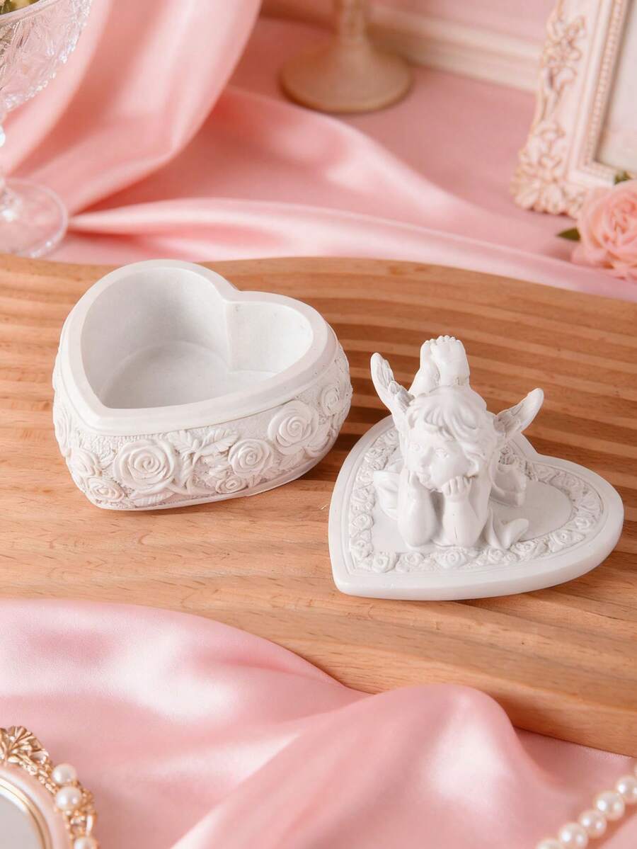 Elegante caja de joyería de resina con querubín en forma de corazón - Decoración con inspiración vintage para el tocador, dormitorio. Perfecta para guardar collares, aretes. Un encantador regalo para ella, que agrega una estética romántica a la decoración del hogar y la organización de joyas - Multicolor - Ver 1