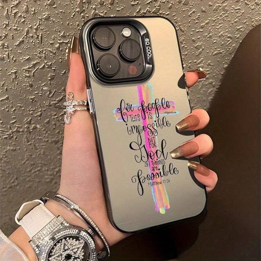 Cross & Letter Graphic Phone Case, Compatible With Iphone 17/16/15/14/13/12/11/XS/XR/X/7/8 Plus/Pro/Max/Mini - Creative Fashion Personalized Full-Body Shockproof Protection - Black - View 1