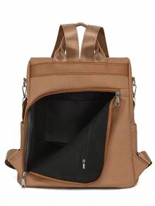 Backpack With PU Pom-Pom Decoration, Multifunctional Fashion Backpack For Women, Handbag, Shoulder Bag, Large Capacity, Multiple Pockets, Multi-Layer, Short Travel Bag - Brown - View 2