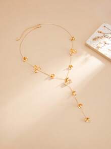 1件复古别致个性化金属花朵流苏Y型项链，金色长项链，优雅女士饰品，适合在派对和节日佩戴，送给她的礼物 - 金黃色 - 查看 5