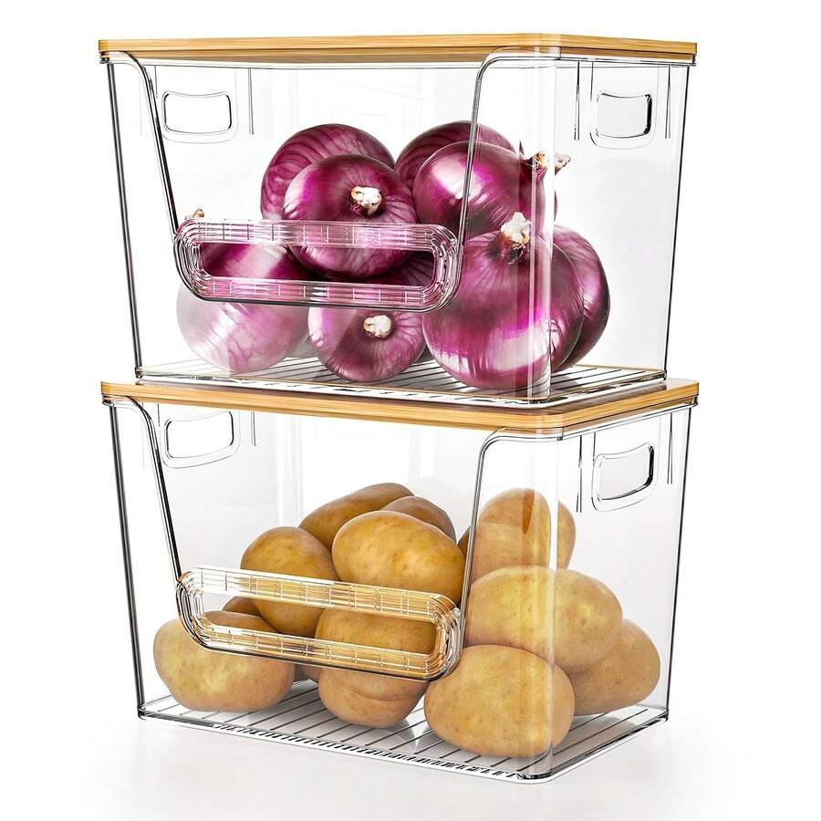 SANNAX 2 Pack Clear Pantry Organizers And Storage, Trash Bag Holder Under Sink Organizer For 4-13 Gal Bags, Trash Bag Dispenser With Bamboo Top For Onion, Potato, Garlic