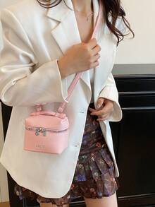 迷你荔枝纹理盒子包，少女手提包/斜挎包，柔软便携口红袋 - 粉色 - 查看 8