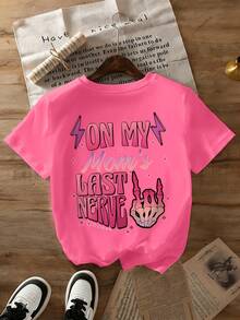 Teenage Girls' Skull & Slogan Print Round Neck T-Shirt, Soft Casual Tee For Spring/Summer - Hot Pink - View 2