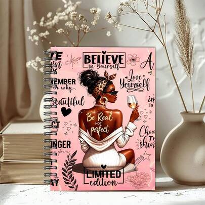 دفتر ملاحظات حلزوني أسود A5 للنساء - مفكرة إلهامية بتصميم "حقيقي وليس كامل"، بنمط زهري ونباتي، مناسب للكتابة اليومية والتأكيد الذاتي، مفكرة تحفيزية | دفتر ملاحظات بنمط زهري | مناسب للاستخدام المدرسي