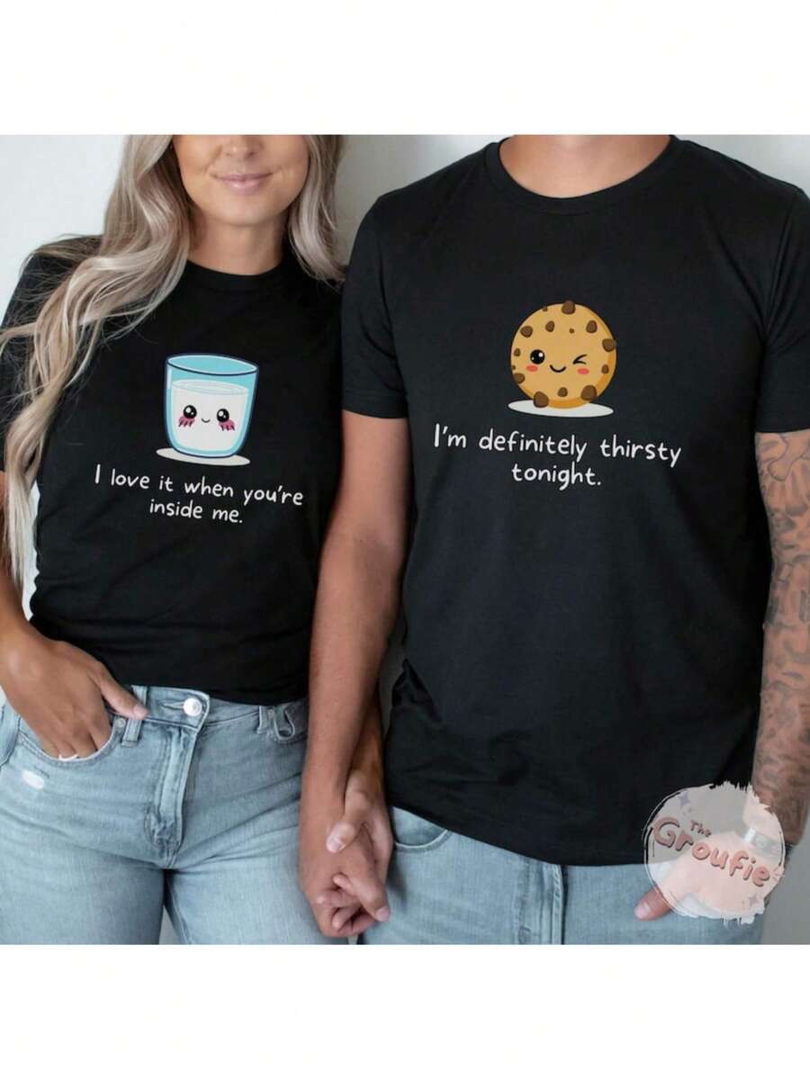 1pcs Funny T-Shirt Funny Couple Shirt, Valentine Couple T-Shirt, Matching Shirts For Couples, Funny Couple Matching Tee, Valentine's Day Couple Matching Gift Oversized T-Shirt Comfort Colots T-Shirts Graphic Casual Lover Gift Short Sleeve Tops - Men black T-shirt - View 1