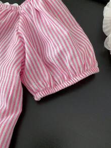 2pcs/Set Girls Striped Petal Sleeve Blouse And Shorts Set, Summer - Pink - View 5