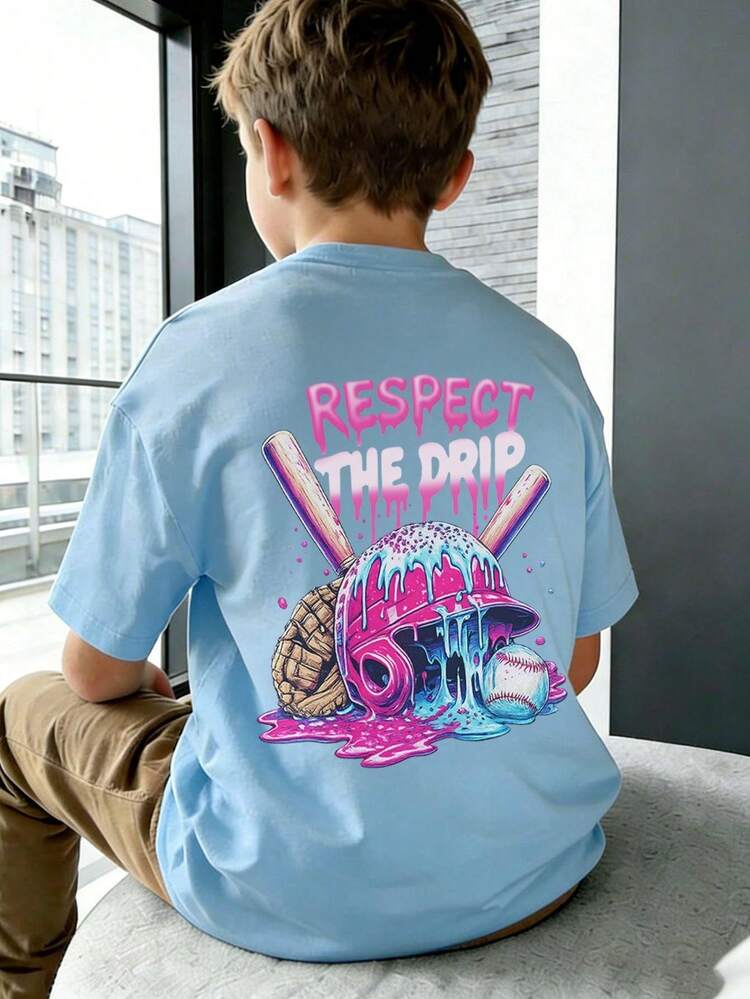 1pc Tween Boys' Casual Baseball Sports Print Short Sleeve T-Shirt, Summer Top For Young Students - Baby Blue - View 1