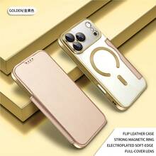 1pc Magnetic Adsorption Transparent Protective Case With Card Slot, Anti-Drop Leather Cover Compatible With IPhone 17 Pro Max - Gold - View 2