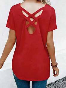 New Elegant Casual Plus Size Women's Solid Color V-Neck Criss-Cross Back Design Loose T-Shirt, Fashionable For Daily Wear, Spring/Summer Red - Red - View 3