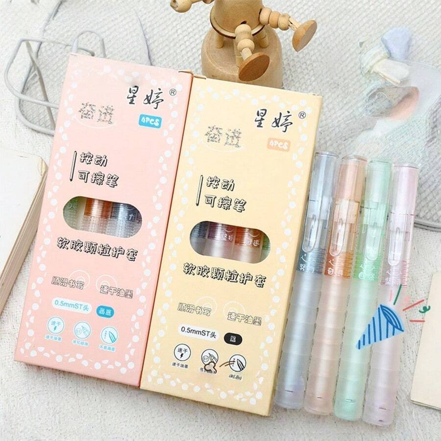 4支装云朵软性可擦圆珠笔，可爱可伸缩笔身，配有持久耐用的保护套，0.5mm水晶蓝墨水，学生适用 - 按下可擦筆 - 查看 1