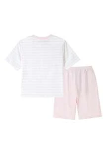 Annil Children's Striped Color-Blocked Knitted Short-Sleeved Trousers Set For Boys And Girls, Suitable For Both Home And Outdoor Wear, New Summer Style. - Porcelain Powder - View 2