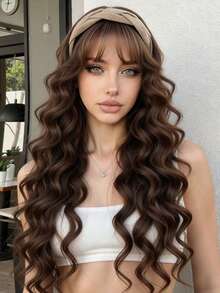 24英寸长卷发假发，带可拆卸头带，女士逼真半头假发，自然遮盖头发的假发，适合女孩日常佩戴、音乐节、派对和街头时尚。 - 彩色 - 查看 4