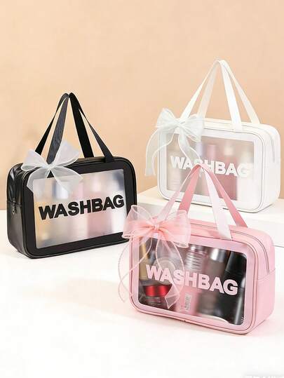 1pc Large Capacity Waterproof Makeup Organizer Bag, Ribbon Bow Design Cosmetic Bag, Transparent Travel Toiletry Bag, Zipper Storage Pouch, Portable Travel Organizer, Multi-Functional Waterproof Bag, Makeup And Jewelry Storage, Travel Essential, Cruise Essential, Lipstick And Nail Polish Storage, Valentine's Day Gift, Bridesmaid Gift, Birthday Gift, Gift For Friends And Teachers, Holiday Gift, Mother's Day Gift, Gift For Her