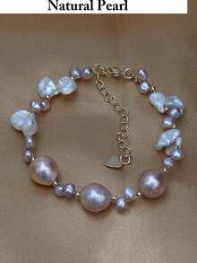 时尚个性手链，天然巴洛克珍珠手链，白色和浅粉色不规则淡水养殖珍珠串，女士日常佩戴，派对/婚礼/节日礼盒装 - A款 - 查看 6