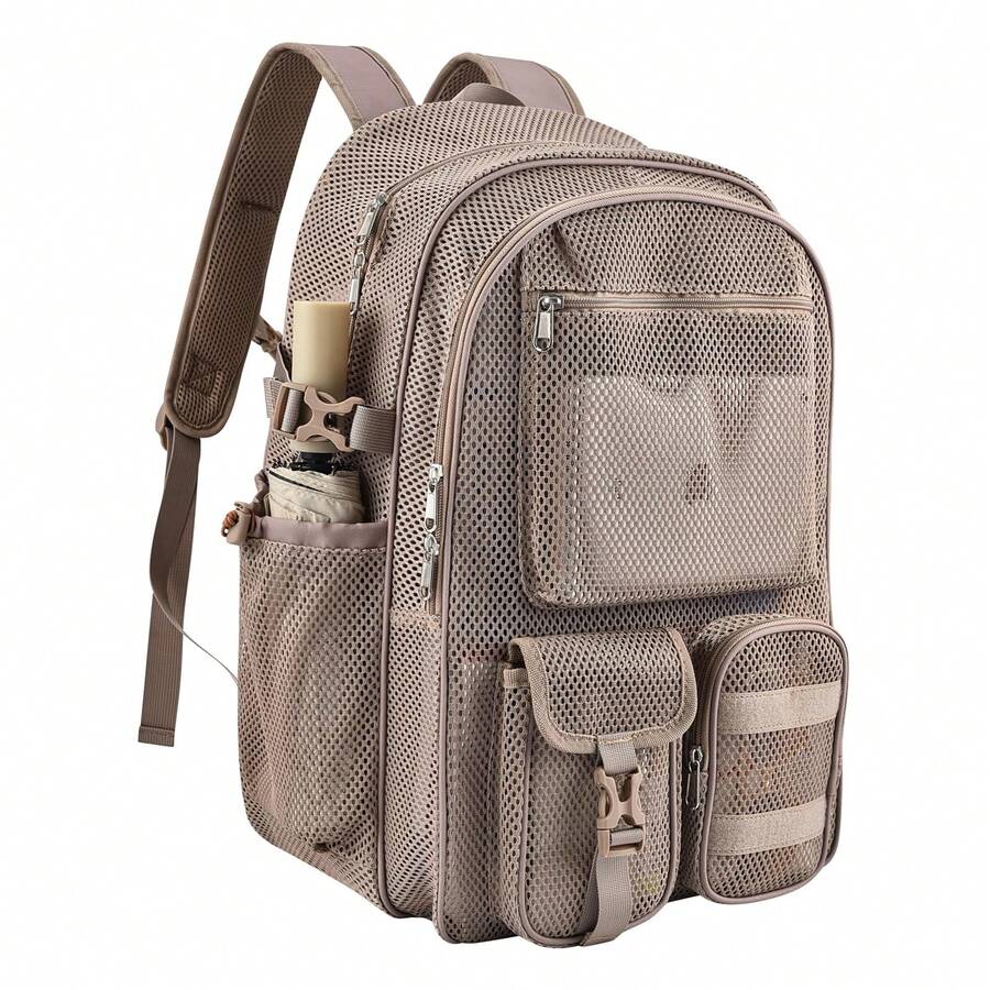 Mesh Backpack 36L Large Heavy Duty Casual Daypack For School And Outdoor Activities With Inner Laptop Compartment, Durable Polyester Material - 卡其色34L - 查看 1