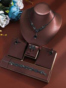 5pcs Minimalist Floral Design Jewelry Set: Teardrop Pendant Necklace + 1 Pair Earrings + Bracelet + Ring. Party, Wedding, Graduation Gift - Multicolor - View 2