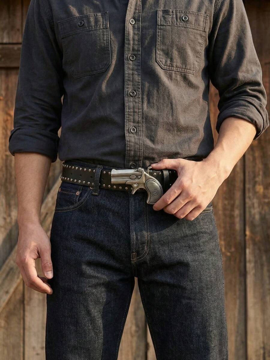 1 chiếc thắt lưng quần jeans nam màu đen kiểu punk Y2K với khóa hình súng, phụ kiện đa năng phù hợp cho mặc hàng ngày.