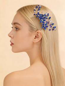 1 pieza Peine de cabello con cristal azul real y strass, accesorio de cabello nupcial con strass dorado - azul real - Ver 3