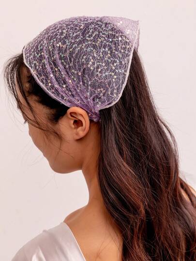 1件装女士时尚法式优雅紫色亮片网纱发带，适合春夏度假装饰，搭配夏季发饰沙滩夹度假发夹