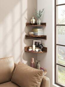 1 pièce/3 pièces Étagère d'angle murale en bois de style bohème, support d'affichage multifonction rustique, convient pour le salon et la chambre à coucher, étagère de rangement pour la maison pour les livres et les décorations - Multicolore - Voir 2
