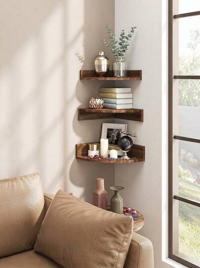 1件/3件装波西米亚风木质壁挂式三角形转角置物架，复古多功能展示架，适用于客厅和卧室，家居装饰收纳架，可用于摆放书籍和装饰品