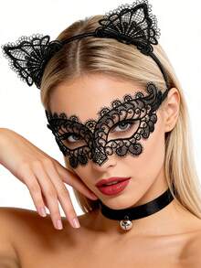 3pcs Lady Cat Theme Set (Cat Headband, Lace Eyeshade, Bell Collar) - Suitable For Female Pet Costumes, Cat-Themed Makeup Party - Multicolor - View 2