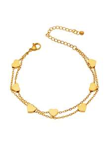 1pc Double-Layer Heart Chain | Tarnish-Resistant Gold Plating | Sweet Blogger Style Bracelet, Suitable As Gift For Girlfriends/Couples - Double Heart Bracelet - View 2
