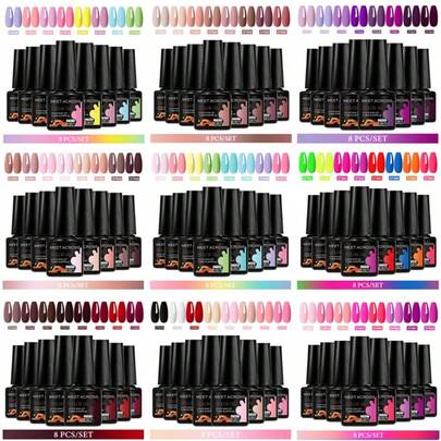 MEET ACROSS 8pcs/Set 7.3ml Gel Nail Polish Kit, Long-Lasting & Durable, Lead-Free, Semi-Permanent Removable UV Gel Nail Polish, Suitable For Summer, DIY Nail Art Design, Applicable For Decoration, Nail Salon And Home Manicure