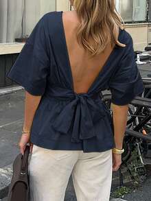 Áo kiểu nữ Look Polly phong cách Y2K, kiểu dáng thường ngày, thắt nơ, hở lưng, tay lửng, thích hợp cho kỳ nghỉ xuân/hè. - Hải quân - Xem 7