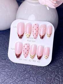 10pcs Handmade Nail Art Stickers, Nail Supplies, Nail Decorations, False Nails, Short Nails, Nail Art, Summer Nails, Acrylic Nail Stickers, Nail Tool Kit, Y2K Style, Pink Nails, Brown Nails, Yellow Nails, Polka Dot Nails, Fashionable Polka Dot & Striped Design, Cute & Playful Style, Suitable For Ladies & Girls To Use On Dates & Parties - Multicolor - View 3