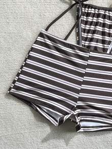 Lucky Girl Bộ bikini 3 món nữ mùa hè, quần short dây quai mảnh họa tiết kẻ sọc, thắt dây hai bên eo, đi biển nghỉ dưỡng - Trắng nâu - Xem 6