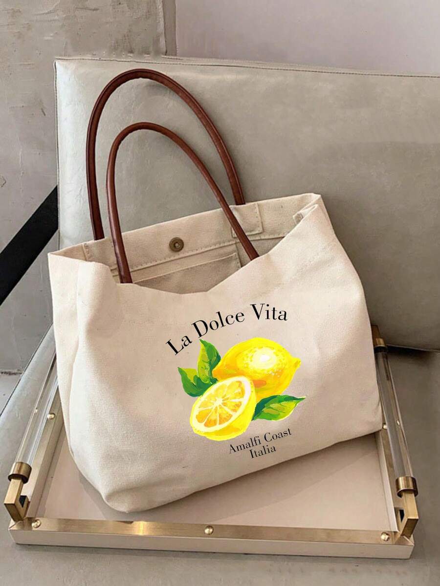 Vibrant Lemon Pattern Printed Tote Bag, Reusable Printed Women's Tote Bag, Double Handle Shopping Book Bag, Large Capacity Shoulder Bag, Casual Commute - Multicolor - View 1