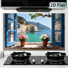 1pc 2D Self-Adhesive Kitchen Wall Sticker | Open Window Seaside Town Seascape With Blue Frame And Flowers, Removable Kitchen And Living Room Splash-Proof Wallpaper, Glossy Vinyl - Style 1 - View 3