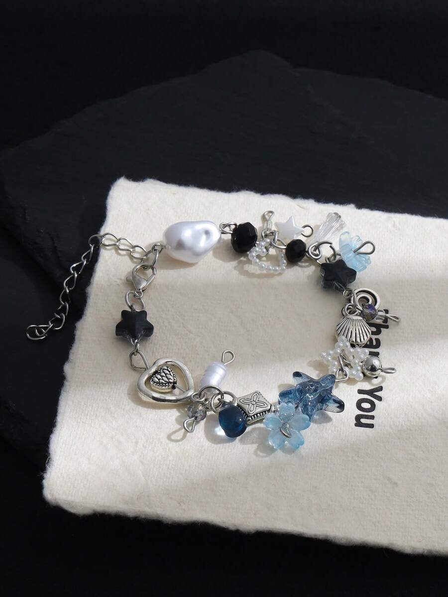 1 chiếc vòng tay mặt dây chuyền hình hoa xoắn ốc vỏ sò ngọc trai không đều chủ đề đại dương, vòng tay đính hạt thủ công với mặt dây chuyền hình ngôi sao, trái tim, ngôi sao hình học, vỏ sò dành cho nữ - Bạc - Xem 1