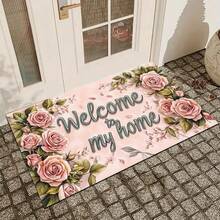 1pc Rose Flower "Welcome Home" Letter Print Carpet, Polyester Anti-Slip Dirt-Resistant Soft Mat, Indoor/Outdoor Entryway Doormat, Quick-Dry Kitchen Bathroom Floor Rug - Pink - View 10
