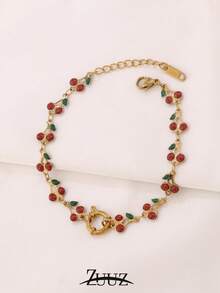 1pc Fashion Stainless Steel Bracelet Spring Buckle Bracelet For Women Jewelry Red Cherry Chain Bracelet For Daily Decoration Best Friend Gifts - Bracelet - View 6