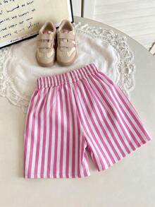 1件装女童条纹休闲短裤，夏季儿童百搭裤 - 粉色 - 查看 2