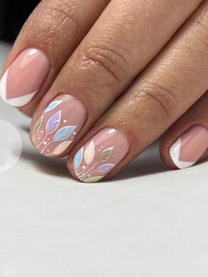 24pcs Short Square Nail Classic White V-Shaped French Nail Patch, Fresh And Beautiful Colorful Leaf Pattern, Ins Style Fake Nail Slices, Suitable For Women's Daily, Party, And Festival Nail Products, Spring And Summer Pressing Fake Nails