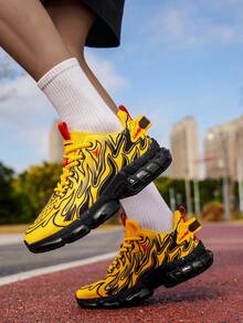 男士黄色火焰图案气垫休闲运动鞋，撞色饰边简约时尚透气系带跑步鞋 - 黃色 - 查看 10