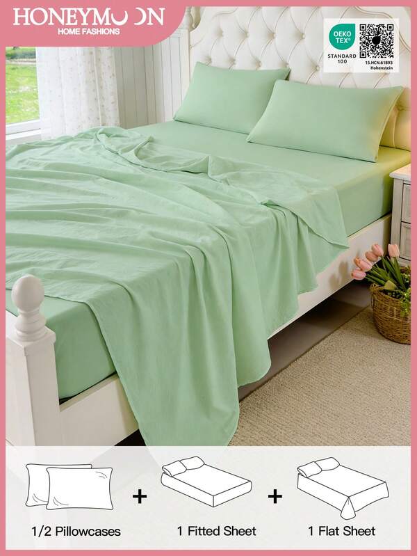 3/4pcs Deep Fitted Sheet Set, Flat Sheet*1 + Fitted Sheet*1 + Pillowcase*1/2, Polyester Fabric, Luxury Hotel Quality, Anti-Shrink, Machine Washable, Suitable For All Seasons, Oeko-Tex Certified, Light Green