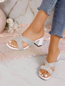 Glitter Decor Thick Sole High Heel Sandals - Girls' Chunky Heel Party Sandals - White - View 2