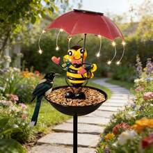 1 pieza Estatua solar con decoración de rana y paisaje, tazón para alimentar aves, decoración de jardín con luces LED, comedero para colibríes, apto para patio, camino, césped, terraza (comida para pájaros no incluida) - luz calida - Ver 11